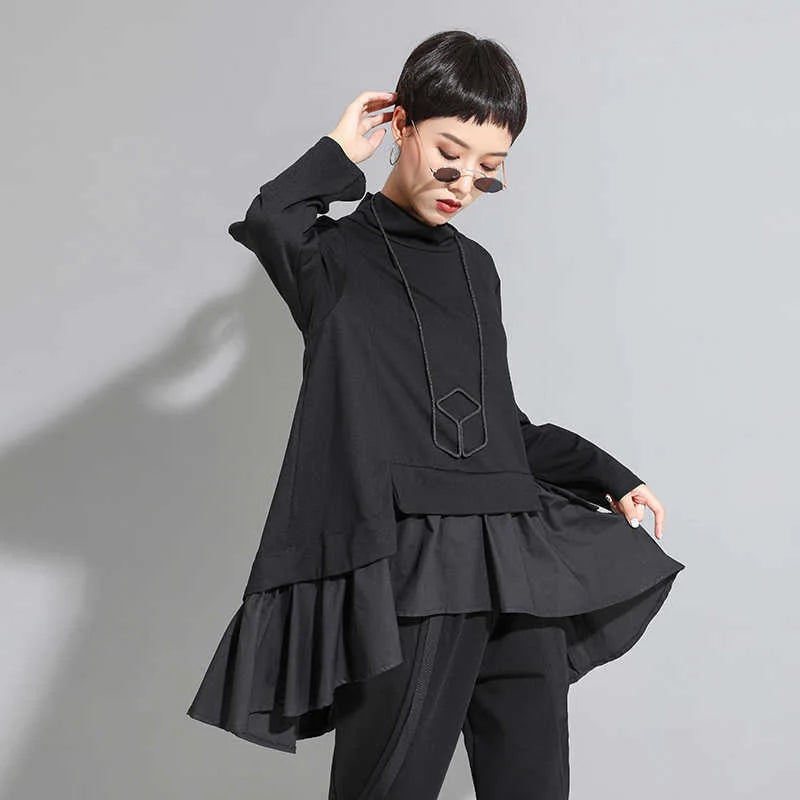 Black Asymmetrical Ruffles Shirt