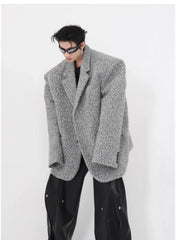 Men's Gray Oversized Textured Wool Blend Blazer