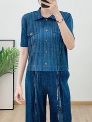 Plissé Pleated Denim-Inspired Shirt & Pants