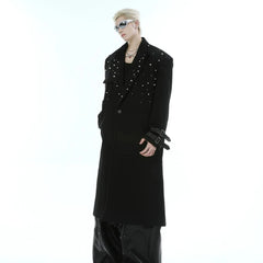 Men's Extra Long Black Trench Coat with Pearls