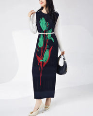 Floral Plissé Long Sleeve Dress