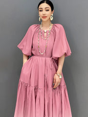 Women's New Gradient Pink Balloon Sleeve Midi Dress