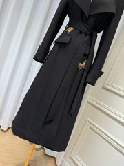 Luxury Black Belted Long Coat with Butterfly Details