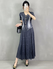 Luxury Denim Plissé Skirt Set