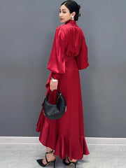 Women's Silk Elegant Red Ruffle Midi Dress