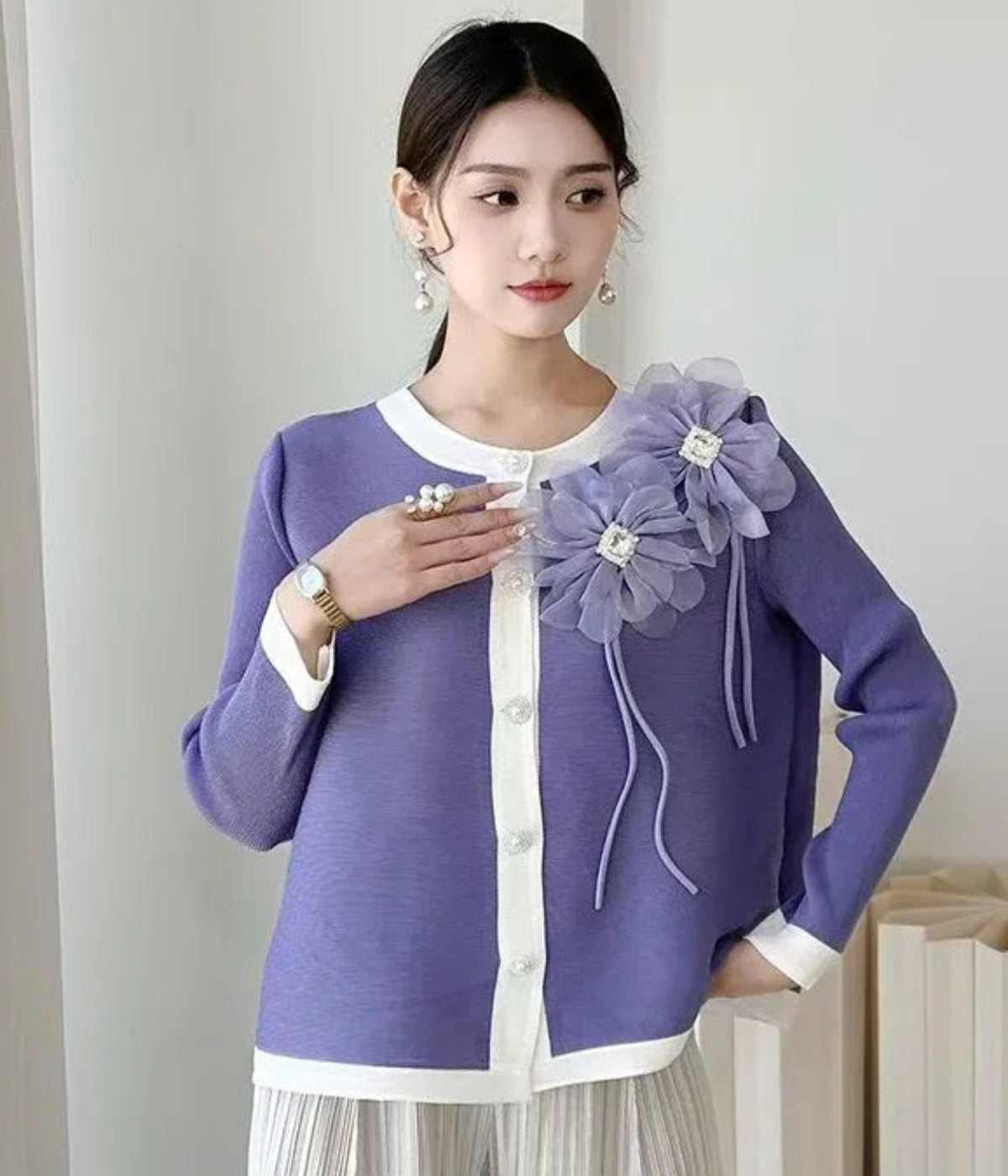 Luxury 3D Floral Pleated Top