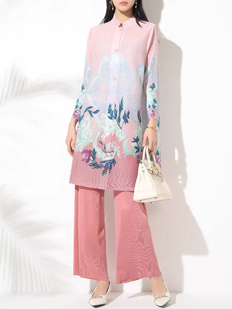 Luxury Floral Pleated Blouse & Wide-Leg Pant Set