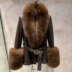 Lambskin Leather Coat with Fox Fur Collar & Cuffs