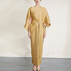 Luxury Pleated Midi Dress Cape Set