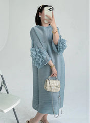 Luxe Floral-Sleeve Pleated Dress