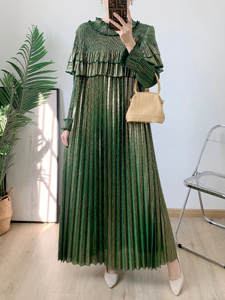 Pleated Modest Metallic Long Sleeve Midi Dress