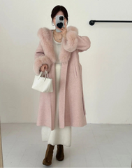 Luxury Wool-Blend Faux Fur Hooded Coat