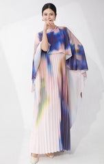 Pleated Watercolor Cape Dress