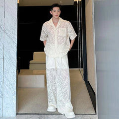 Men's Sheer 2-Piece Embroidery White Lace Suit Set