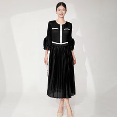 Elegant Ruffle Bell Sleeve Pleated Dress
