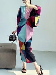 Pleated Geometric Batwing Dress