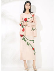 Floral Embroidered Pleated Skirt Set