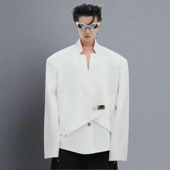 Men's White Asymmetrical Buckle Blazer