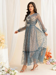 Elegant Blue Embroidered Mesh Long Dress