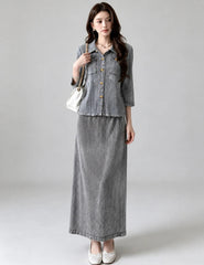 Washed Denim Plissé Skirt Set