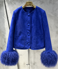 Luxury Suede Jacket with Shearling Cuffs