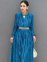 Women's Elegant Blue Striped Pleated Midi Dress