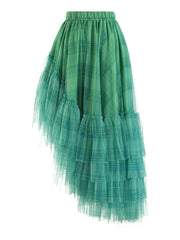 Plaid Asymmetric Tulle Pull-On Skirt