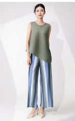 Striped Pleated Wide Leg Pants - Palazzo Style