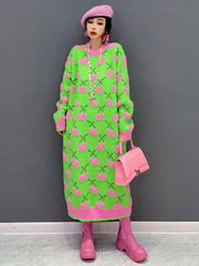 Lucky Green and Pink Long Sleeve Sweater Dress