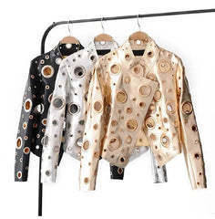 HEYFANCYSTYLE Couture Hole-Punched Cropped Leather Jacket