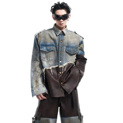 Men's 2 Piece Denim Faux Leather Jacket & Jeans Set