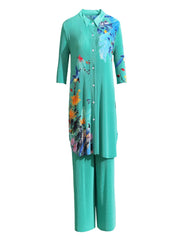 Luxe Botanical Print Pleated Tunic & Trouser Set