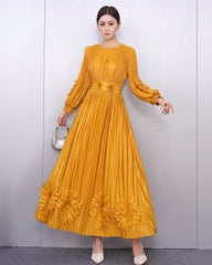 Floral Plissé Long Sleeve Dress