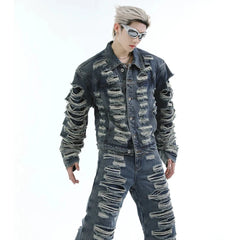 Men's 2 Piece Ultra Distressed Stacked Jeans & Jacket Set