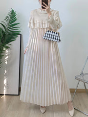 Pleated Modest Metallic Long Sleeve Midi Dress