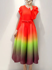 Women's Ombre Pleated Puffy Sleeve Dress