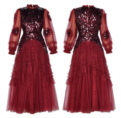 Red Ruffled Tulle Midi Dress - Sequin Embellished