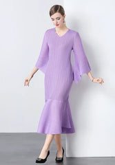 Elegant Pleats Bell Sleeve Dress