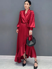 Women's Silk Elegant Red Ruffle Midi Dress