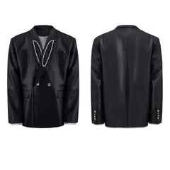 Couture Men's Faux Leather Blazer with Pearls