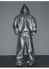 Men's Hooded Metallic Faux Leather Bomber Jacket & Pants Set