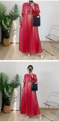 Pleated Modest Metallic Long Sleeve Midi Dress