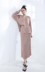 Designer Pleated Cardigan & Long Skirt Set