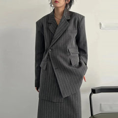 Asymmetrical Pinstripe Blazer & Maxi Skirt Suit