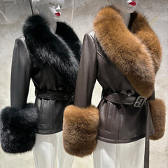 Women's Luxe Leather Winter Jacket with Fox Fur Collar