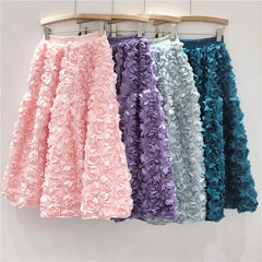 Rose Tulle Romantic Flared Midi Skirt