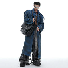 Men's Oversized Long Denim Trench Coat (Padded Shoulders)