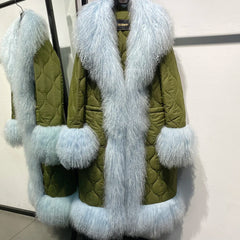 Women's Diamond Quilted Sheep Fur Long Coat