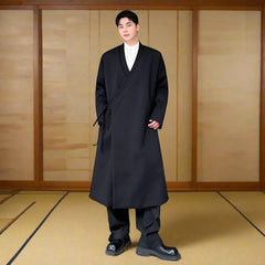 Men's Black Kimono Wrap Wool Long Coat