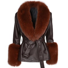 Women's Premium Fox Fur Collar Leather Winter Jacket Coat